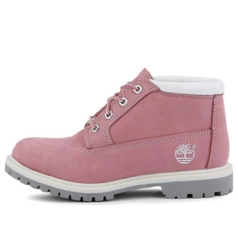 Timberland Rose Pink Leather Ankle Booties with White Collar